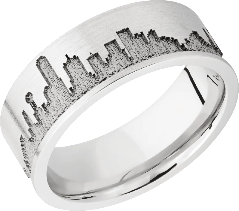 Women’s artisan rings with raw garnet texture -Cobalt chrome 8mm flat band with laser-carved Dallas skyline