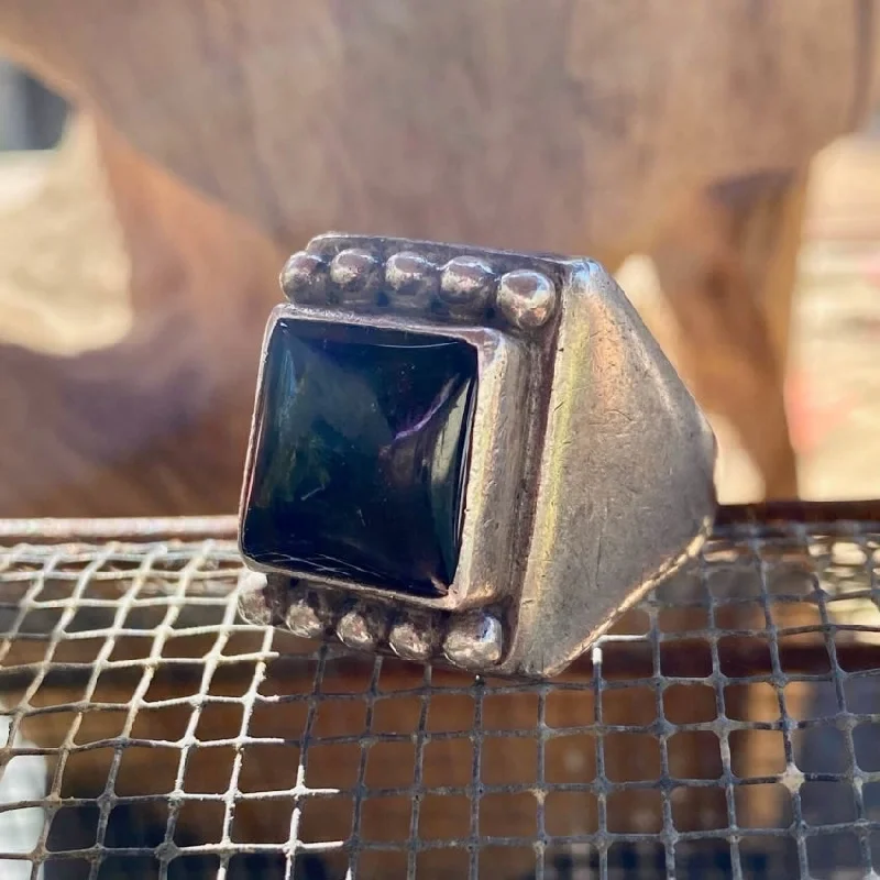 Women’s silver rings featuring bold turquoise gems -Square Raindrop Ring with Black Onyx and Sterling Silver by Guy Hoskie Navajo Size 13