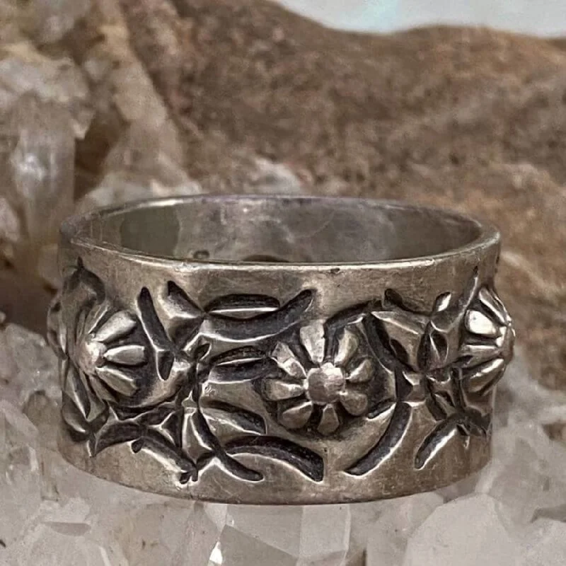 Women’s bridal rings with diamond halo settings -Wide Sterling Silver Navajo Ring with Fluted Buttons Size 12 3/4