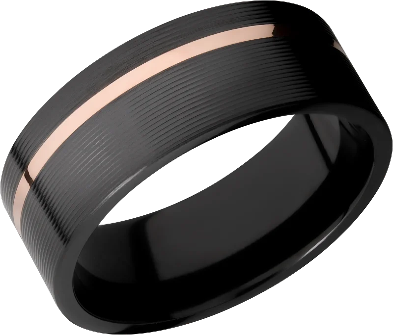 Women’s bold rings with hammered silver bands -Zirconium 8mm flat band with an off center inlay of 14K rose gold