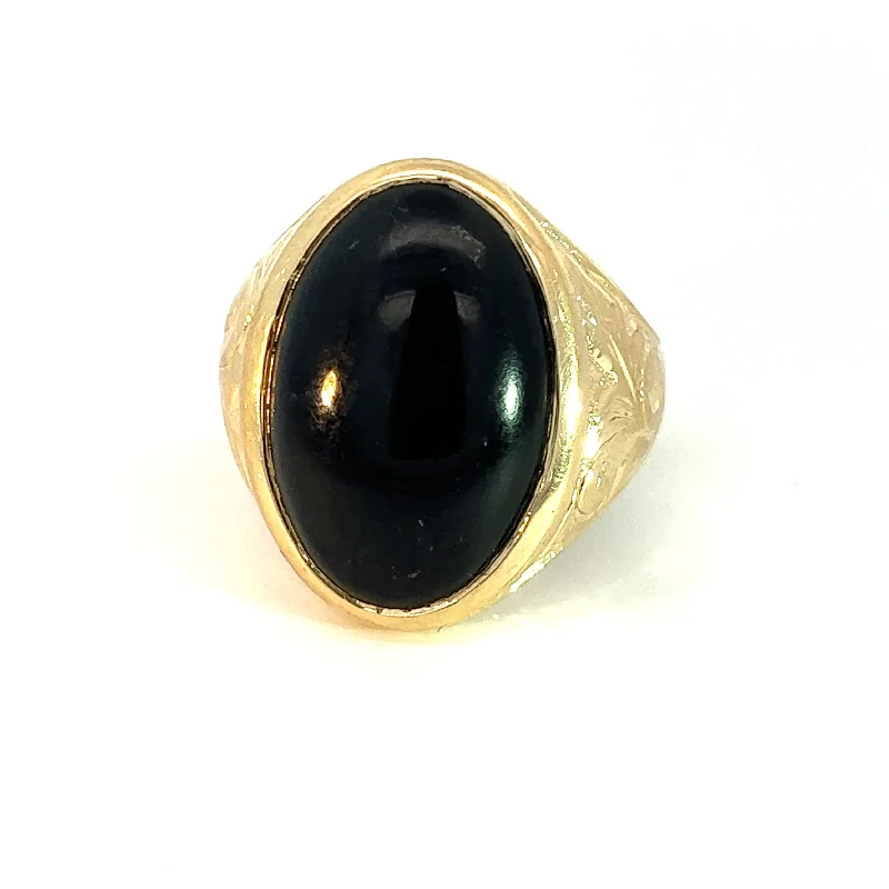 Women’s rings with citrine stones for warmth -Late Century 14kt Yellow Gold Oval Onyx With Gorgeous Engraving