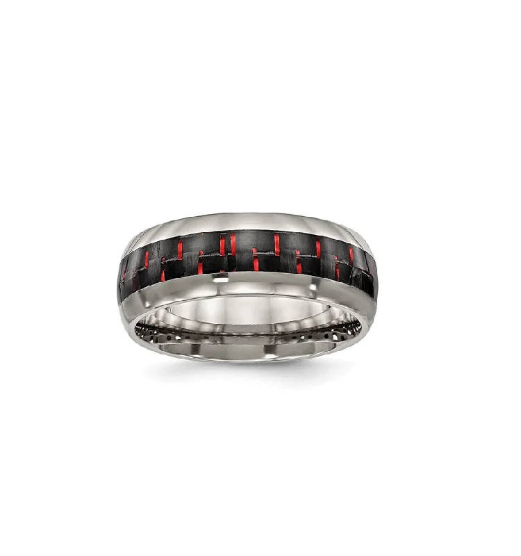 Women’s layered rings with mixed gemstone bands -Titanium Polished with Black and Red Carbon Fiber Inlay 8mm Band