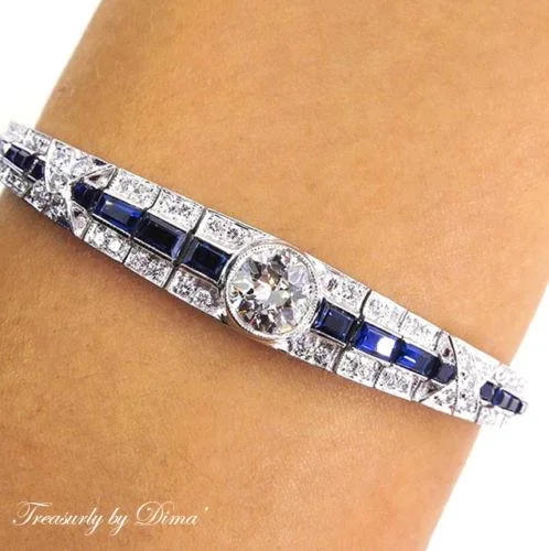 Bracelets with open cuff for easy wear -5.01CT ANTIQUE VINTAGE ART DECO EURO DIAMOND SAPPHIRE LINE BRACELET EGL US 18KWG