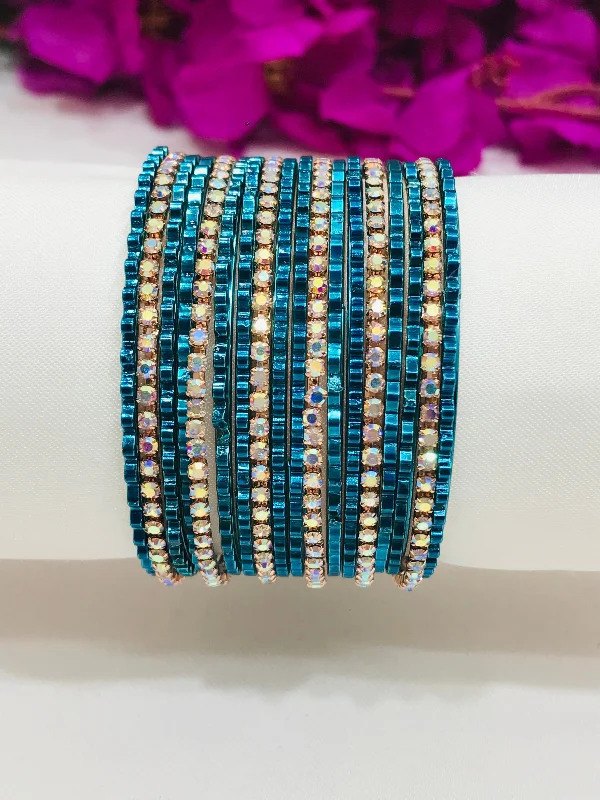 Bracelets with adjustable chains for perfect fit -Glinting Teal Blue Color Metal Bangles With White Stones For Women