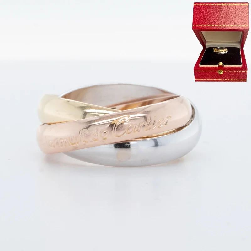 Women’s rings with carved rose quartz designs -Cartier Les Must de Trinity 18k Tritone Gold Rolling Rings Size 48 / 4.5 BOX