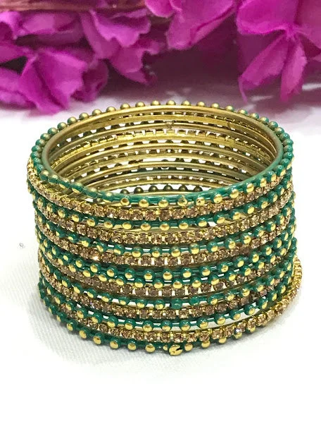 Bracelets with emerald stones for green luxury -Stunning Teal Green Color Metal Bangles Set For Girls