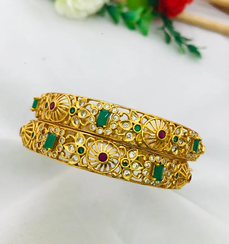 Bangles with interlocking links for uniqueness -Gold Plated Bangles Set With Emerald And Ruby Natural Stones