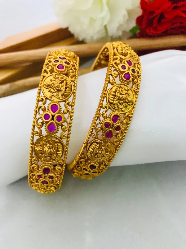 Bangles with sleek matte finish for subtlety -Matte Finished Antique Gold Designer Bangle With Ruby Stones