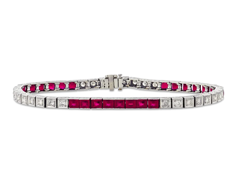 Bracelets with woven leather for rustic style -Ruby and Diamond Line Bracelet