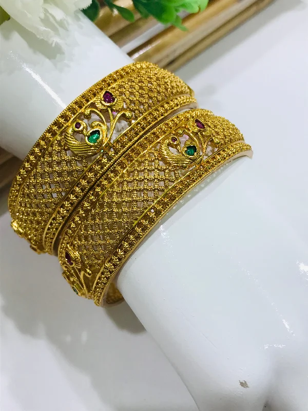 Stackable bangles with colorful enamel finishes -Beautiful Matte Finished Antique Gold Bangle With Peacock Design