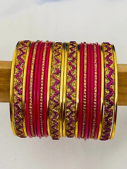 Bangles with hammered silver for rustic appeal -Gorgeous Traditional Pink Color Metal Bangles With Golden Glitters