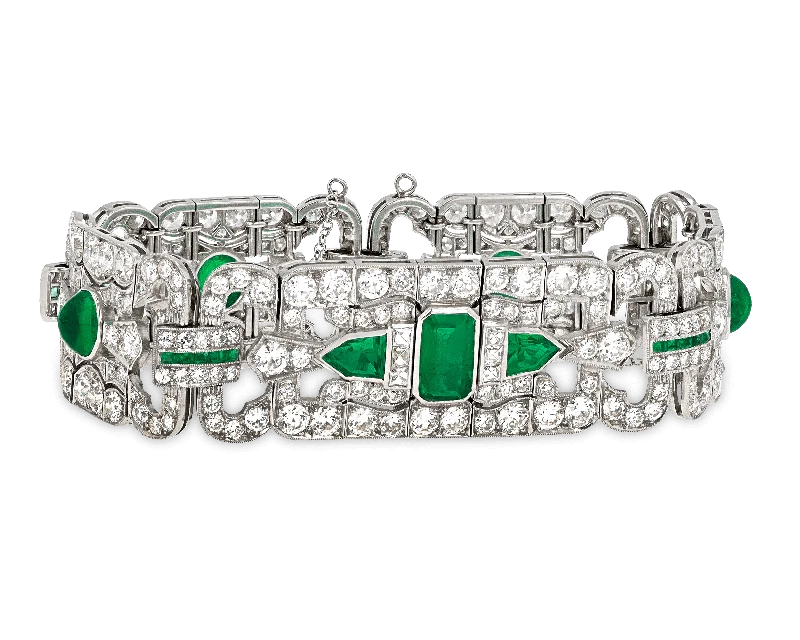 Stackable bangles with colorful enamel finishes -Art Deco Emerald and Diamond Bracelet