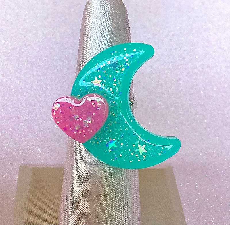 Women’s rings with eternity knot for love -Magical Moon Ring (Teal Sparkle)