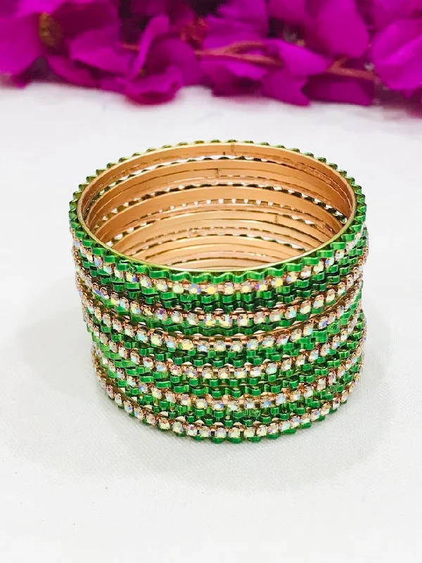 Rose gold bracelets with sleek minimalist designs -Appealing Green Colored Wave Design Metal Designer Bangles Set