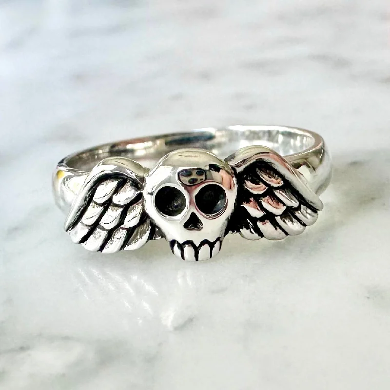 Women’s rings with faceted fluorite for hues -Winged Skull Ring