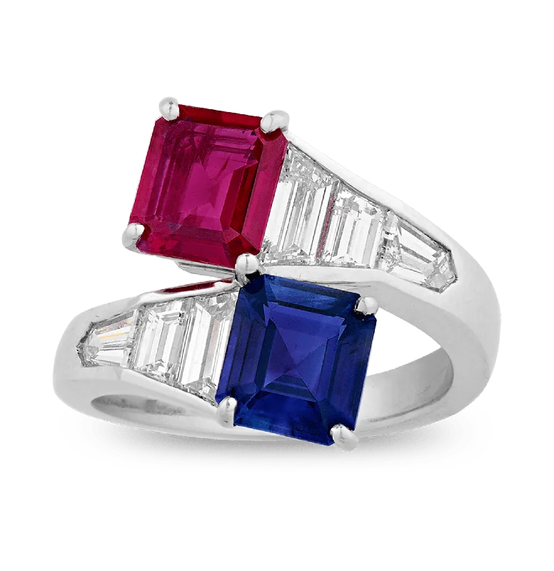 Women’s rings with herkimer diamonds for clarity -Ceylon Sapphire and Ruby Bypass Ring