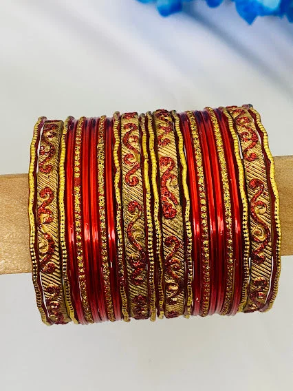 Bangles with herkimer diamonds for raw clarity -Red Color Exquisite Shining Metal Bangles With Golden Work