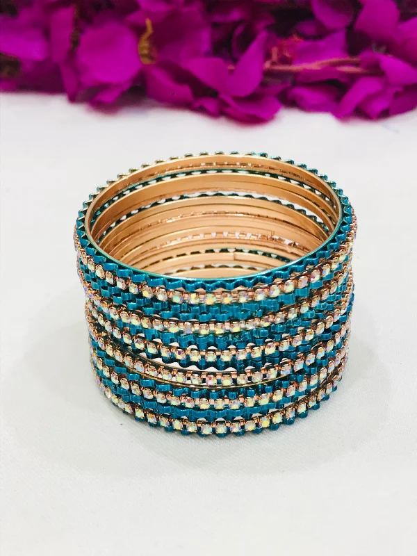 Bangles with vibrant peridot for green pop -Alluring Blue Color Designer Metal Bangles Set With Stones For Girls