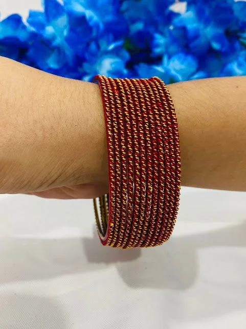 Bangles with interlocking links for uniqueness -Gorgeous Maroon Color Gold Plated Designer Bangle Sets With Glitter And Lehar Shape