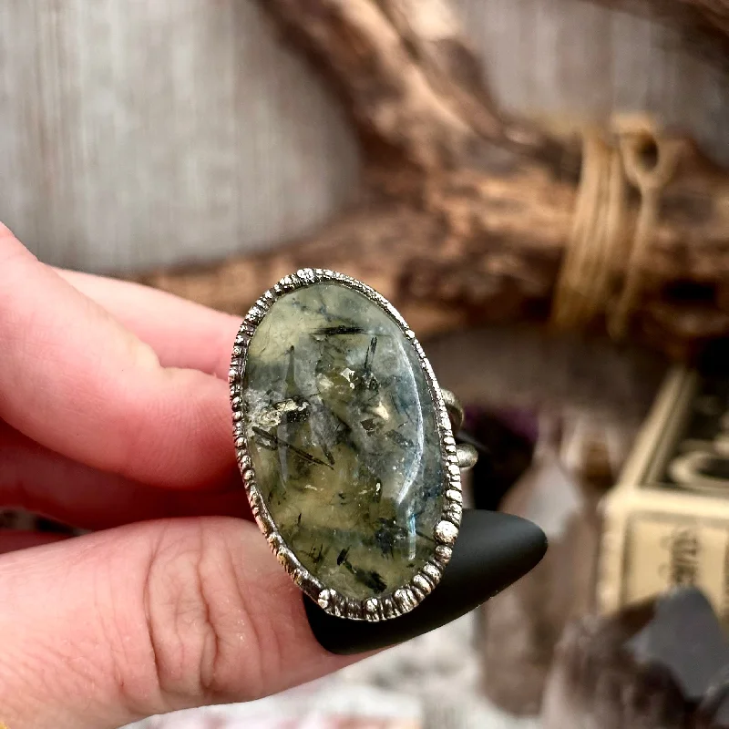 Women’s rings with aquamarine gems for calm -Prehnite Crystal Ring Silver Size 11 / Foxlark Collection