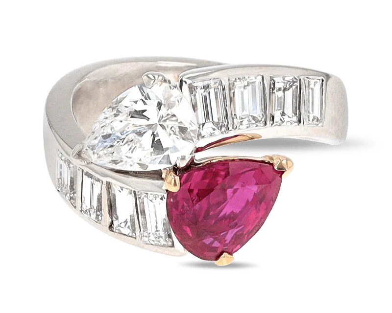 Women’s rings with stretch bands for ease -Ruby and Diamond Bypass Ring