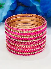 Bangles with bold malachite for green patterns -Pretty Pink Color Metal Bangles Set With Stones For Girls