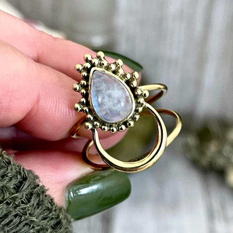 Women’s rings with aventurine for green luck -Beautiful Crescent Moon Rainbow Moonstone Statement Ring Set in Brass / Curated by FOXLARK Collection