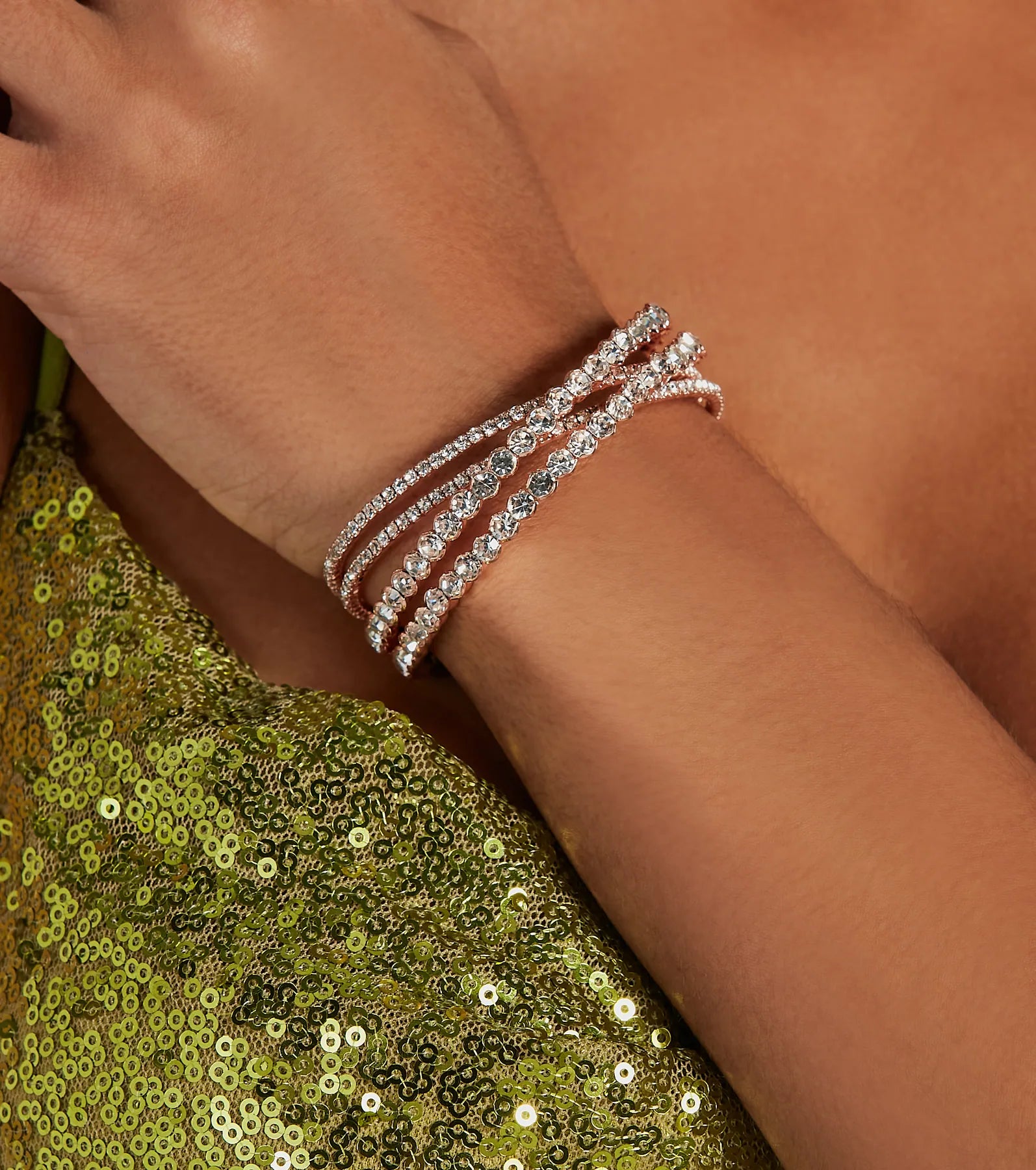 Thin bangles perfect for layering multiple styles -Glitzy Criss-Cross Rhinestone Cuff Bracelet