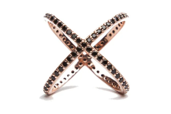 Women’s rings with brushed gold for subtlety -Criss Cross Ring - Rose Gold Black