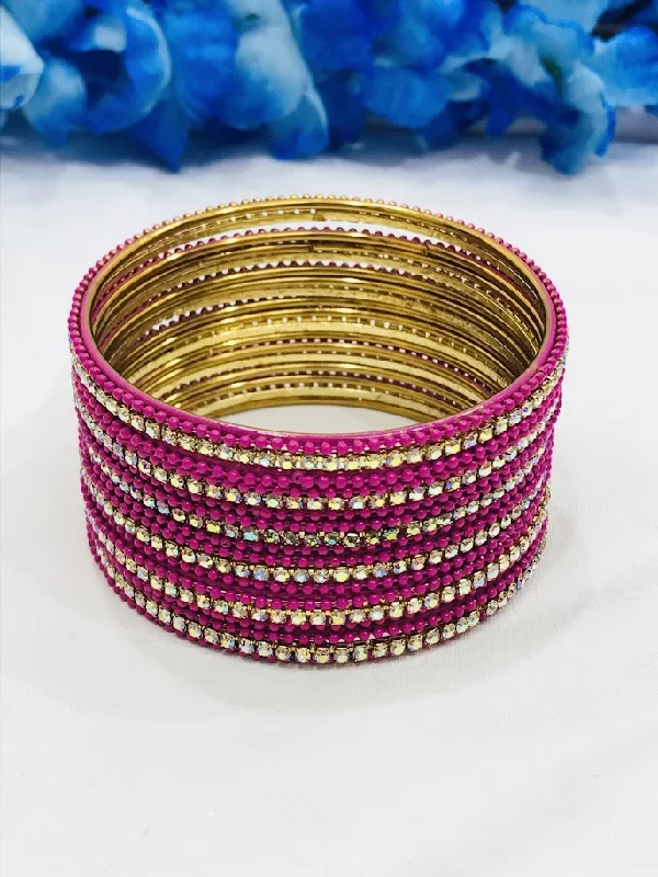 Bangles with bold malachite for green patterns -Alluring Pink Color Stone Work Metal Bangles For Women