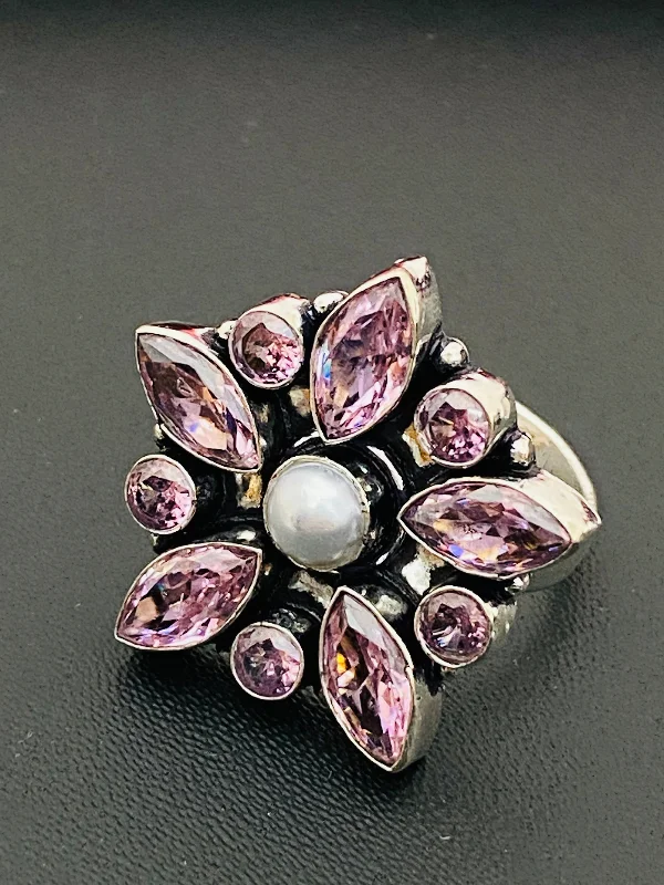 Women’s rings with brushed gold for subtlety -Attractive Bright Pink Cherry Blossom Flower Designed Wedding Decoration Ring With Pearl Bead