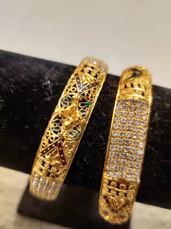 Vintage bangles with intricate filigree metalwork -Dazzling Gold Plated White Stone Designer Bangles Set For Women