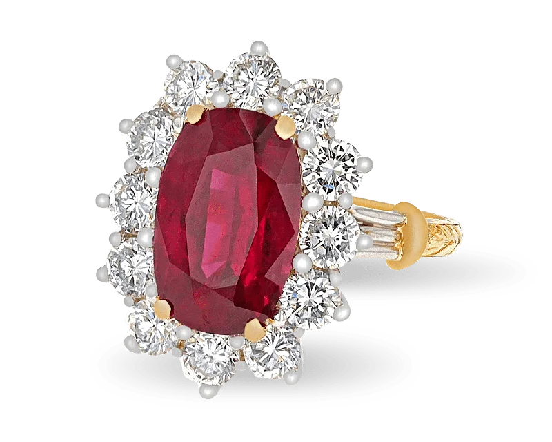 Women’s rings with etched wave band designs -Cushion-Cut Ruby Ring, 5.82 Carats