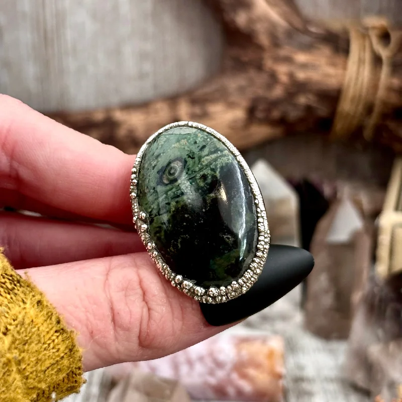 Women’s rings with vintage claw prong settings -Green Kambaba Jasper Statement Ring Silver Size 6 / Foxlark Collection