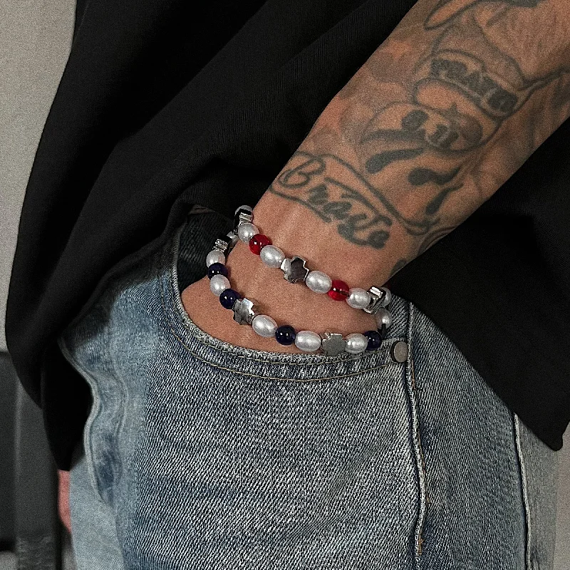 Bangles with herkimer diamonds for raw clarity -Red and Blue Color Beaded Bracelet