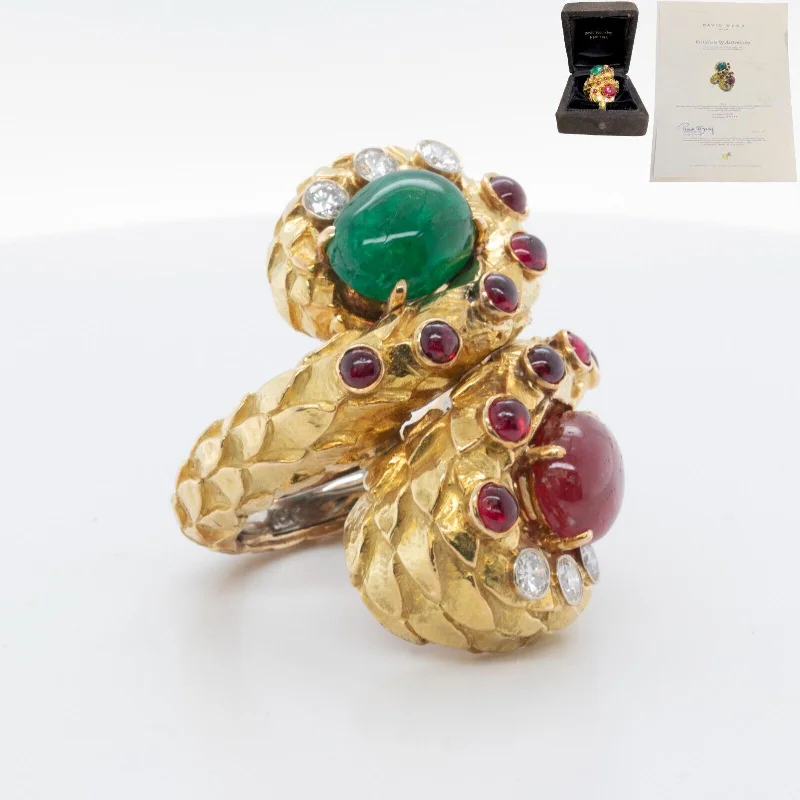 Women’s rings with vine-inspired emerald bands -David Webb 18k Yellow Gold & Platinum Cabochon Emerald Ruby Diamond Ring sz 6.5