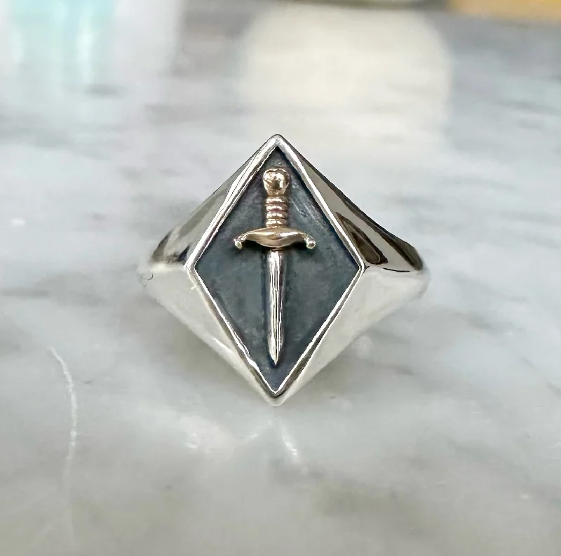 Women’s bold rings with hammered silver bands -Dagger Signet Ring