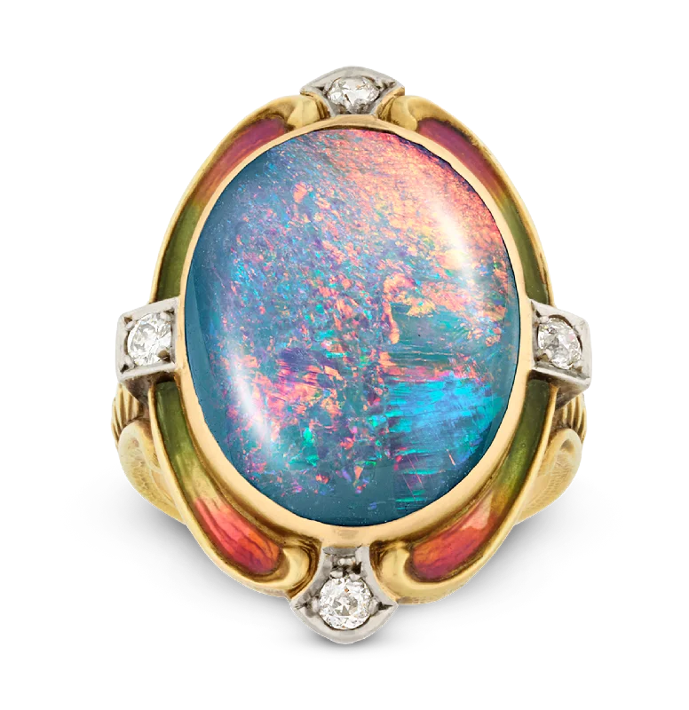 Women’s statement rings with large coral gems -Louis Comfort Tiffany Black Opal Ring, 5.50 carats