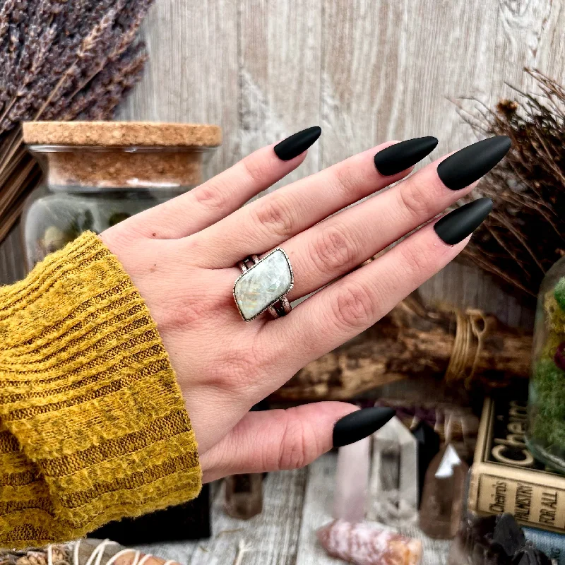 Women’s rings with lotus-inspired sapphire bands -Rainbow Moonstone Ring Silver Size 10.5 / Foxlark Collection