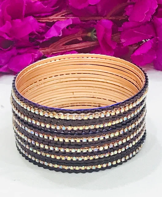 Stackable bangles with colorful enamel finishes -Amazing Dark Blue Colored Metal Bangles With Glister White Stones For Women