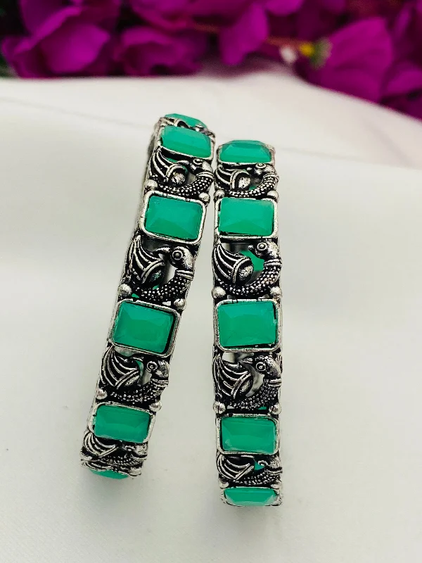 Bangles with bold malachite for green patterns -Dazzling AD Stoned Green Color Oxidized Bangle