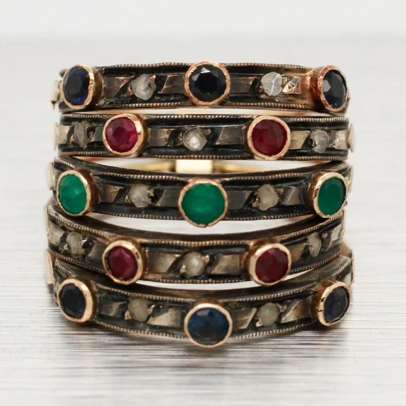 Women’s rings with black onyx for edge -Antique Art Nouveau Ruby Sapphire & Emerald Harem Ring | 14k Yellow Gold