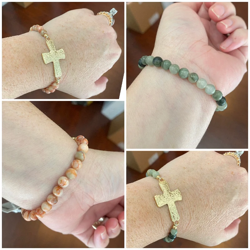 Bracelets with faceted aquamarine for sea glow -semi-precious stone bracelet with cross