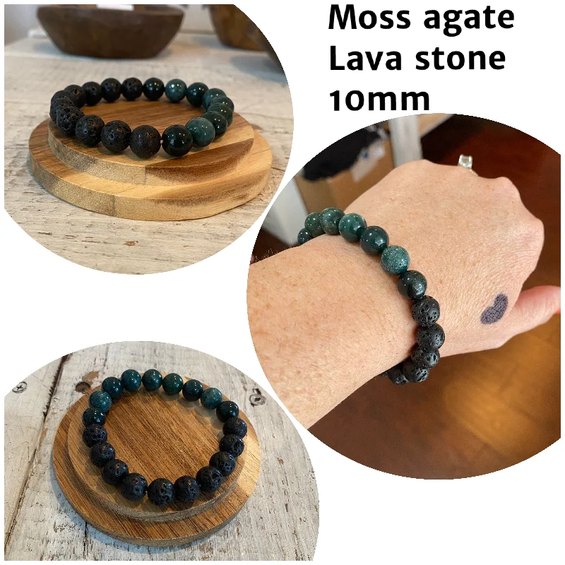 Bracelets with opal gems for iridescent glow -moss agate & lava stone semi-precious stone bracelet