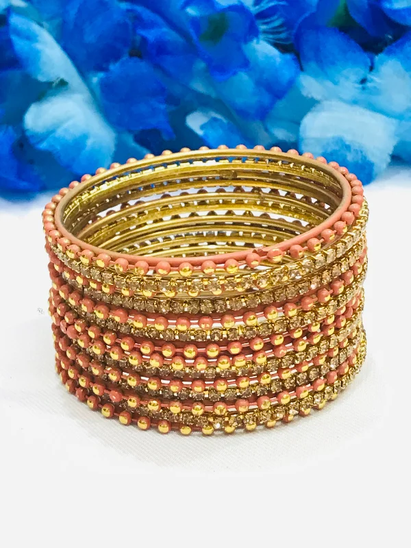 Bangles with aventurine gems for green luck -Attractive Orange Color Designer Metal Bangles Set For Girls