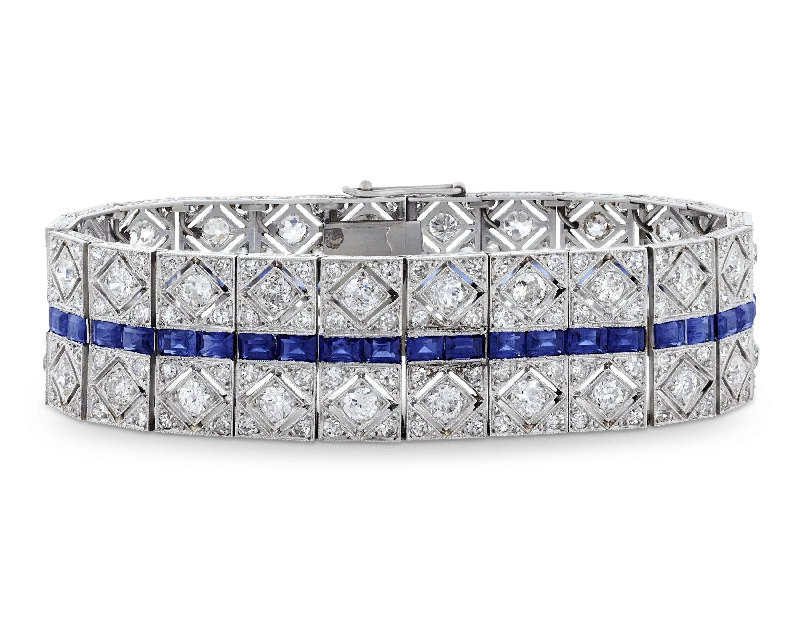 Bracelets with wave engravings for ocean vibes -Art Deco Diamond and Sapphire Bracelet