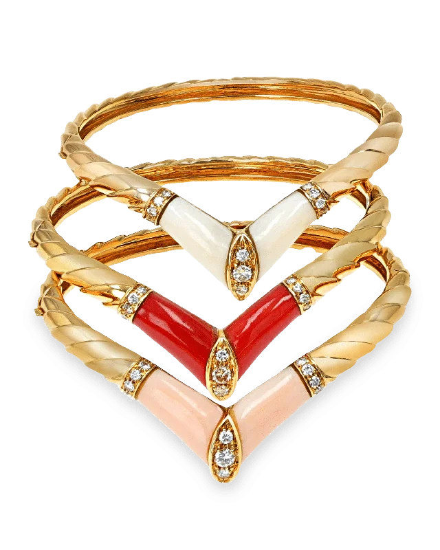 Bangles with claw-set stones for security -Coral and Diamond Bangle Bracelet Set