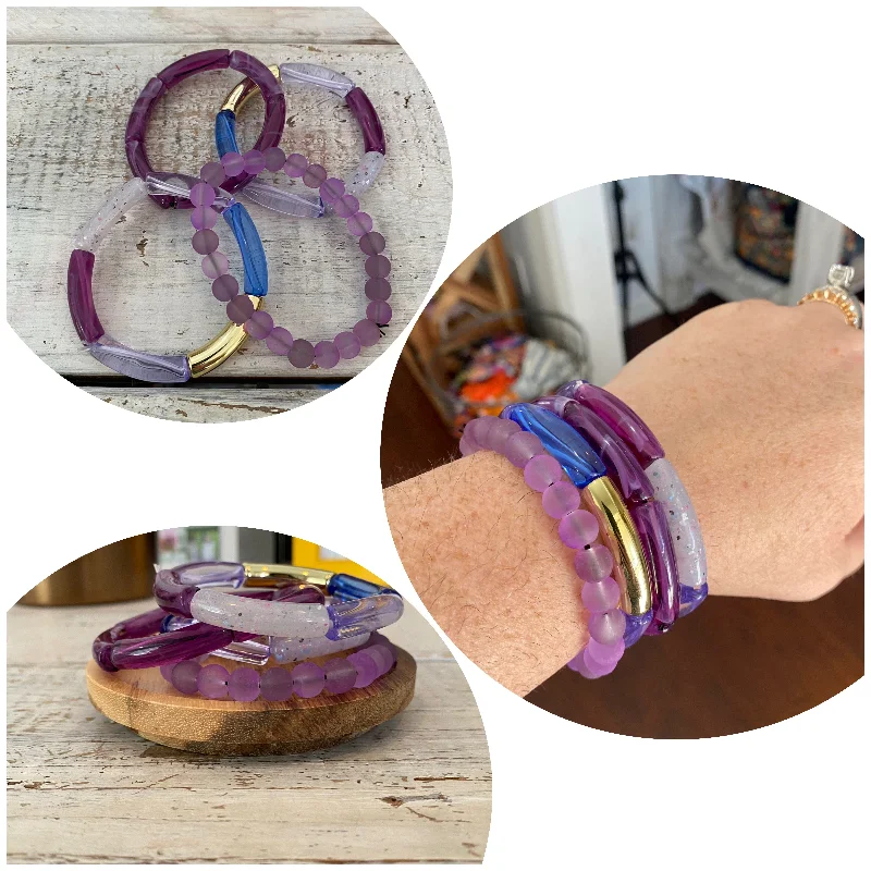 Bangles with gothic-inspired engravings for drama -purple rein bracelet stack