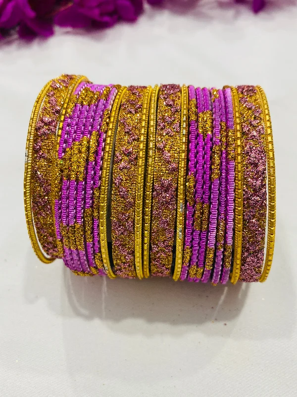 Bracelets with branch patterns for nature flair -Attractive Pink Color With Gold Metal Bangle Set For Women