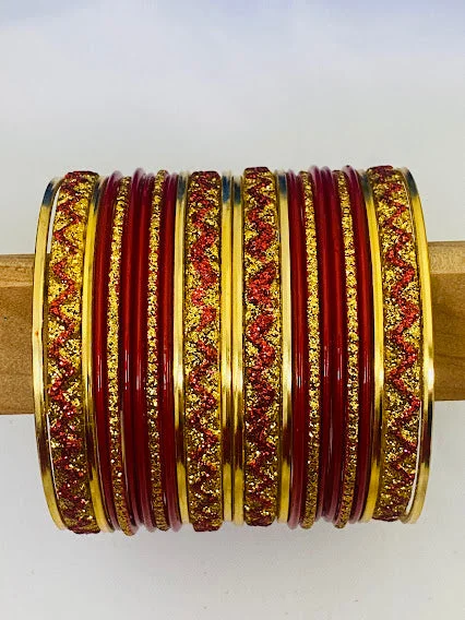 Bangles with bold malachite for green patterns -Red Color Shining Traditional Designer Metal Bangles